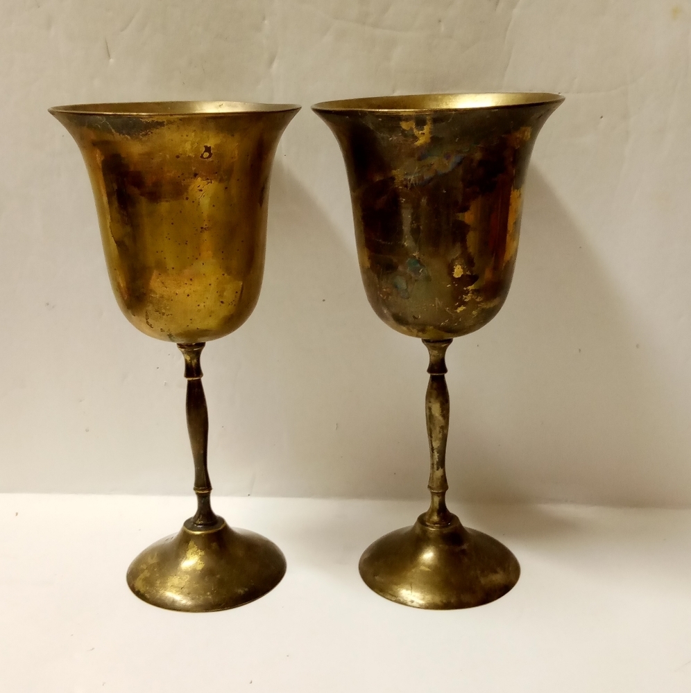 Int'l Silver Wine Goblets, Silver plated Brass Stemmed Glasses 8oz vintage